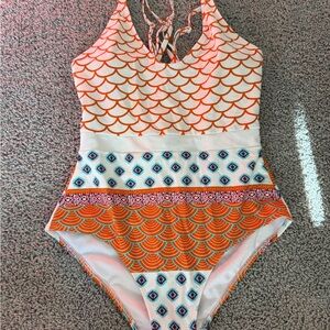 Stylish Women's One-Piece Swimsuit - Orange and Blue